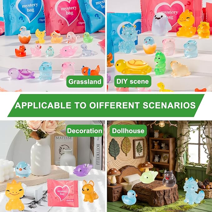 100 Pcs Glow in The Dark Mini Resin Animals,Mystery Blind Bags Bulk Assortment with Tiny Miniature Figurines for DIY Crafts,Fairy Garden Decor,Dollhouse Accessories,Party Supplies