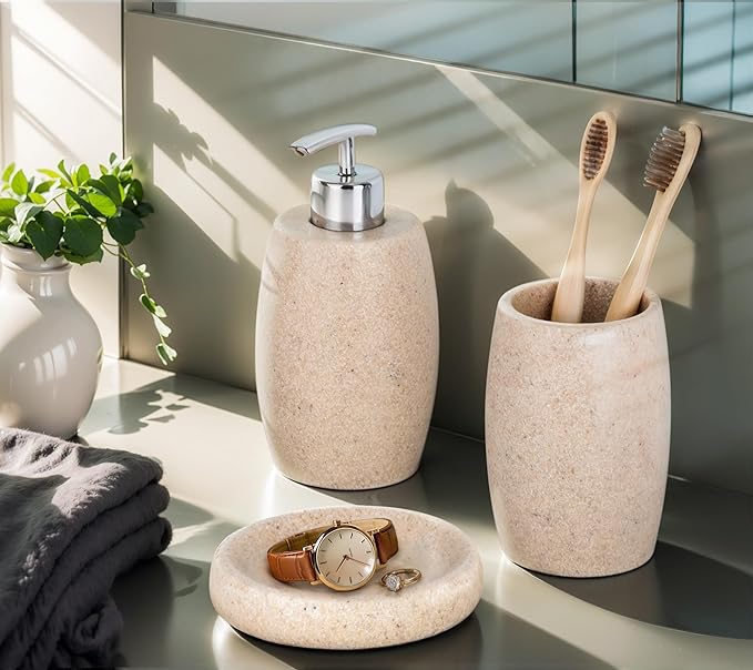 Clasin Home Beige Bathroom Accessories Set 3 PC, Resin Sandstone Look Soap Dispenser, Toothbrush Cup, Soap Dish, Bathroom Soap Dispenser Set for Home Decor and Kitchen