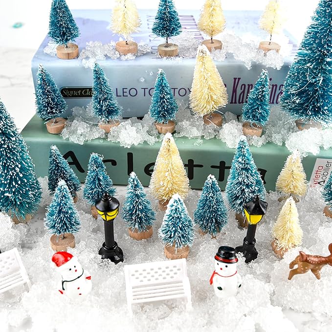 BOUBONI Mini Christmas Tree 35PCS Christmas Village Sets with Crafts Reindeer Snowmen Benches Street Lamp for Xmas Decorations Indoor Party Home Table Craft (Dark Green, Beige)