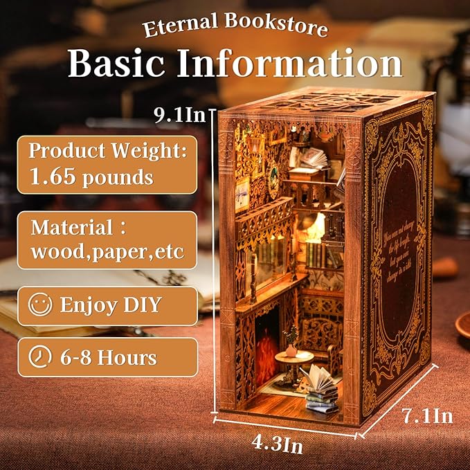 Cutefun Book Nook Library Kit, DIY Miniature Dollhouse Booknook Kits for Adults Teens, 3D Wooden Puzzle Bookend Bookshelf with LED Light & Dust Cover (Eternal Bookstore)