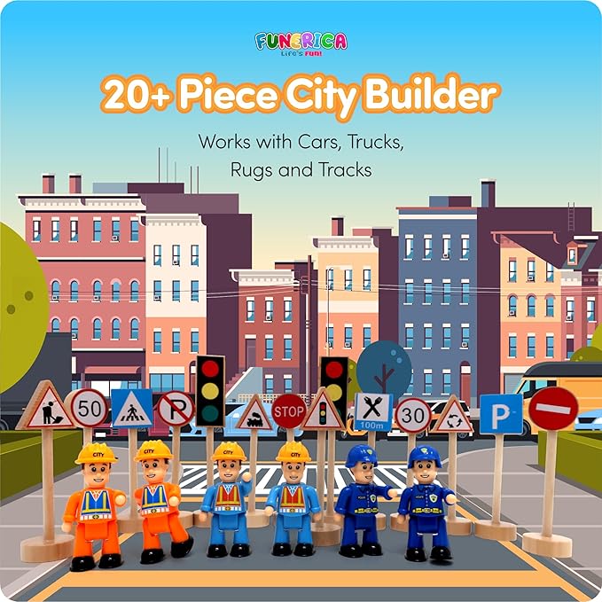 20-Piece Set Wooden Road Signs for Kids – Traffic Signs with Action Figures for Kids - Traffic Lights, Street Signs, Stop Sign, Toy People, Construction Workers, Community Helpers & Police Figures
