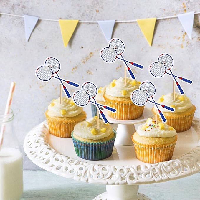 Ercadio 24 Pack Double Sided Cupcake Toppers - Sports Theme Party Cake Decorations for Badminton Birthday, Baby Shower