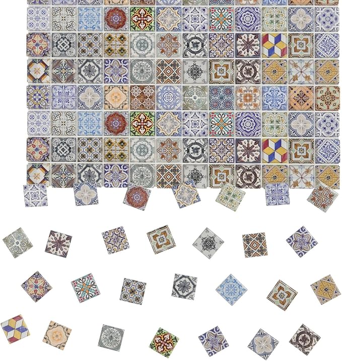 150 pcs, Dollhouse Flooring, 1:12 Scale Doll House Tiles, Miniature Checkerboard Floor, REDUCIO! (Colorful Azulejo Mosaic)