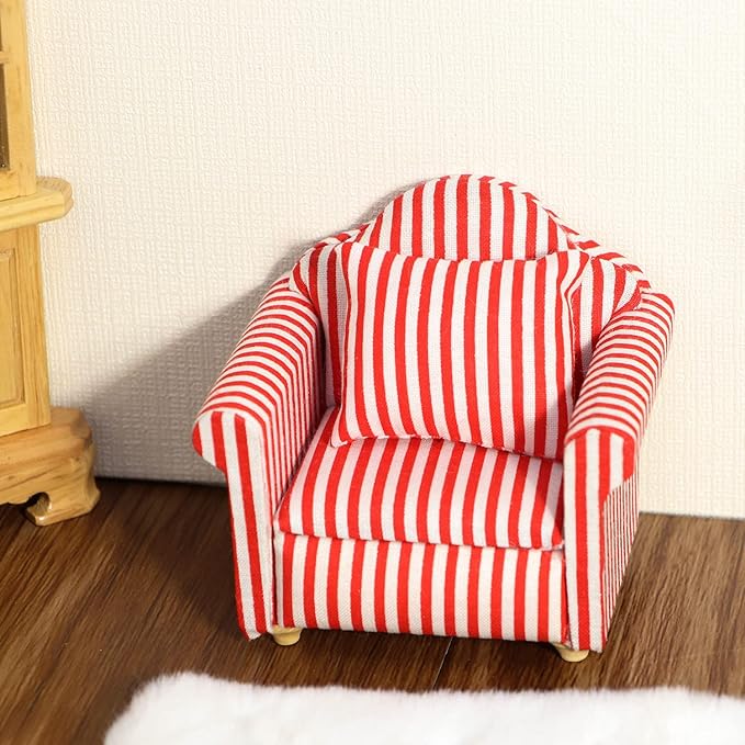 Dollhouse Couch with Pillow 1 12 Scale Miniature Sofa Arm Chair Living Room Furniture Wooden Fabric Frame Single Reading Chair Artificial House Room Scene Decoration (Stripe)