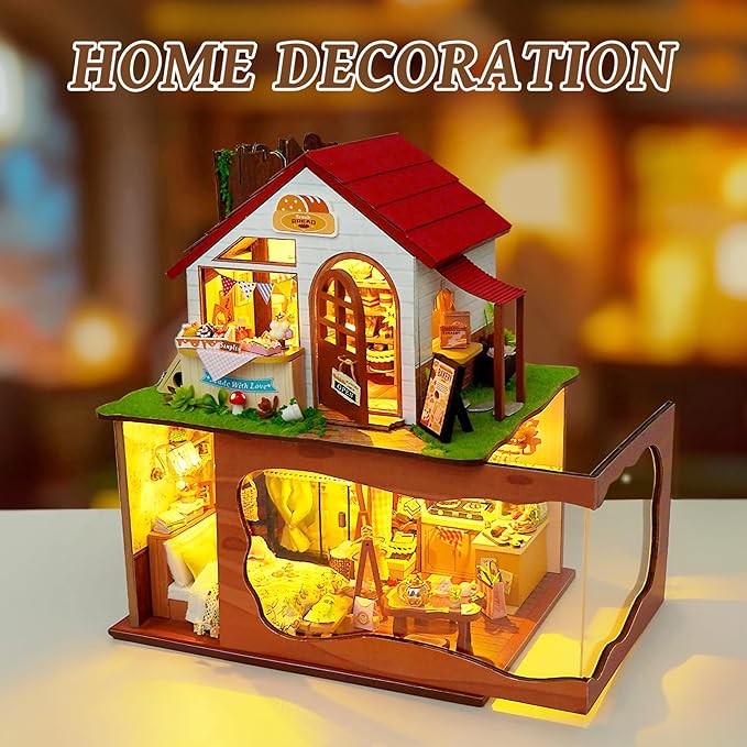 Miniature House Kit, DIY Dollhouse Kits with Lights and Dust Cover, The for Family & Friends, Creative Craft Kit with Two-Story Bakery & Forest Basement