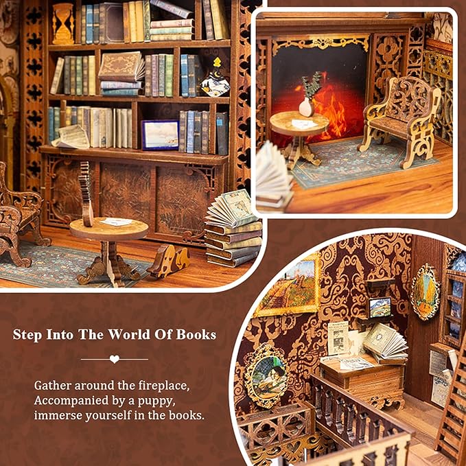 Cutefun Book Nook Library Kit, DIY Miniature Dollhouse Booknook Kits for Adults Teens, 3D Wooden Puzzle Bookend Bookshelf with LED Light & Dust Cover (Eternal Bookstore)