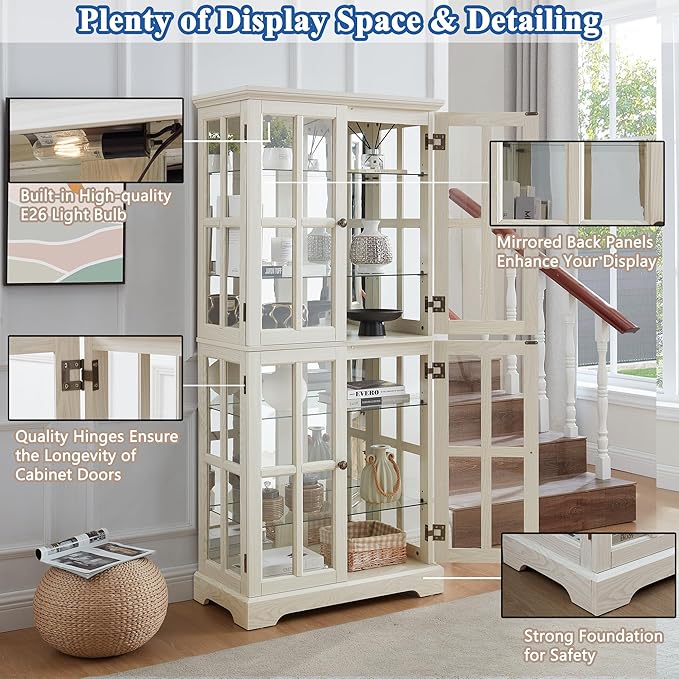 68" H Glass Curio Display Cabinet with Light, 6-Tier Wooden Storage Showcase w/ 4 Glass Doors & Adjustable Shelves, Vintage Accent Cabinet w/Mirrored Back Pane for Home & Office (White)