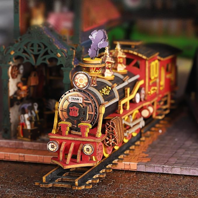 DIY Miniature House Kit: DIY Miniature Dollhouse Booknook Kit with Steam Train, 3D Wooden Puzzle Bookshelf Insert Decor with LED Light, Tiny Model House Building Adults Craft Kits Gift
