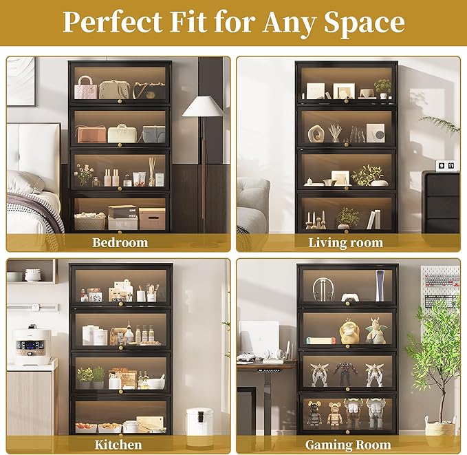 Display Cabinet with Acrylic Glass Doors,4-Tiers Curio Cabinet with LED Lighting for Collectibles, Collectibles Toy Organizers Rack & Display Shelf Display Case Storage Cabinet, Black