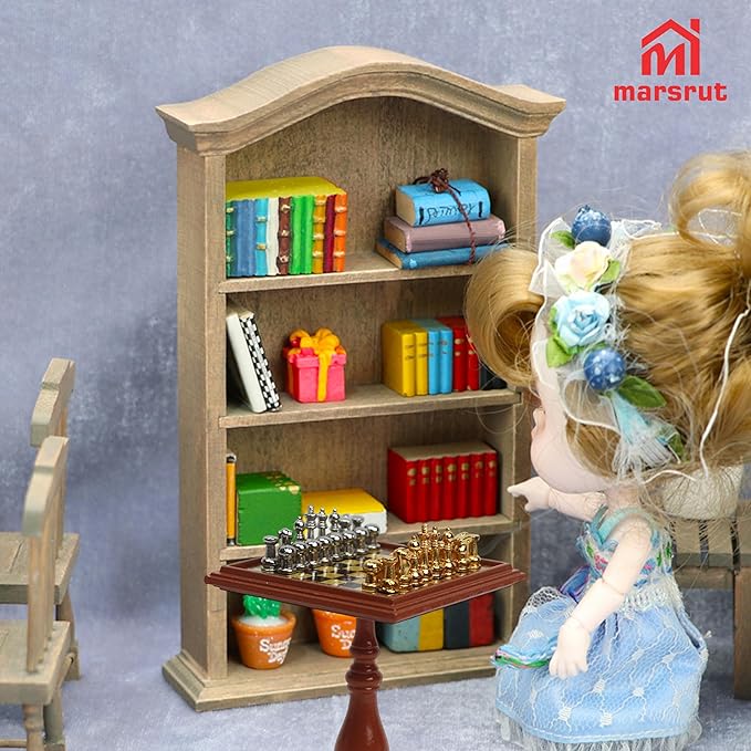 Miniature Chess Set Dollhouse Furniture 1/12 Magnetic Mini Board Games Doll House Accessories Ornament Decor for 1:12 Study Room, Living Room, Library, Table with Gold & Silver Chess Pieces Model