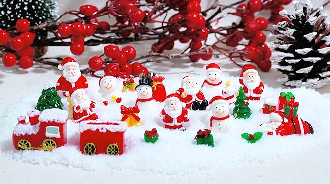 23 Pcs Mini Christmas Figurines Set – Resin Christmas Village Accessories, Santa, Snowman, Gifts, Tree Miniatures for Holiday Tabletop & Craft Decor