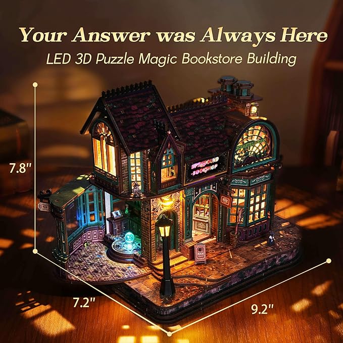 3D Wooden Puzzle Magic Bookstore with LED Lights - DIY Miniature Kit, Spellbound Bookshop, Home Décor Display, Creative Gift for Adults and Teens