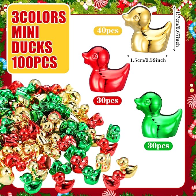 100 Pcs Shiny Christmas Mini Duck Figures Colorful Christmas Duck Decor Micro Landscape Aquarium Garden Hide and Seek Decoration Charm for Party Gift(Gold, Red and Green)