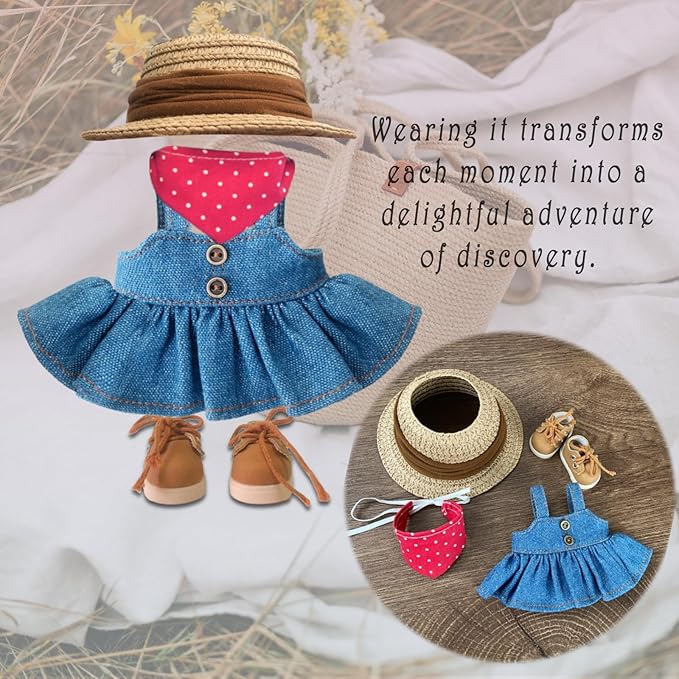 Clothes for 6.7in/17cm Dolls (Without Dolls),Sets and Accessories,4PCS (Straw hat + Neck Scarf + Skirt + Shoes), Collectors and As Gifts. (Denim Puff Skirt)