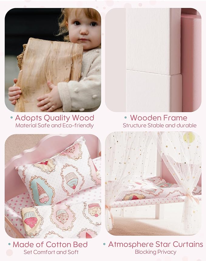 ROBUD Baby Doll Crib, Wooden Baby Doll Beds for 20 Inch Dolls, Baby Doll Bunk Beds with Gauze Curtain, American Girl Doll Bed for Gifts, WRP35