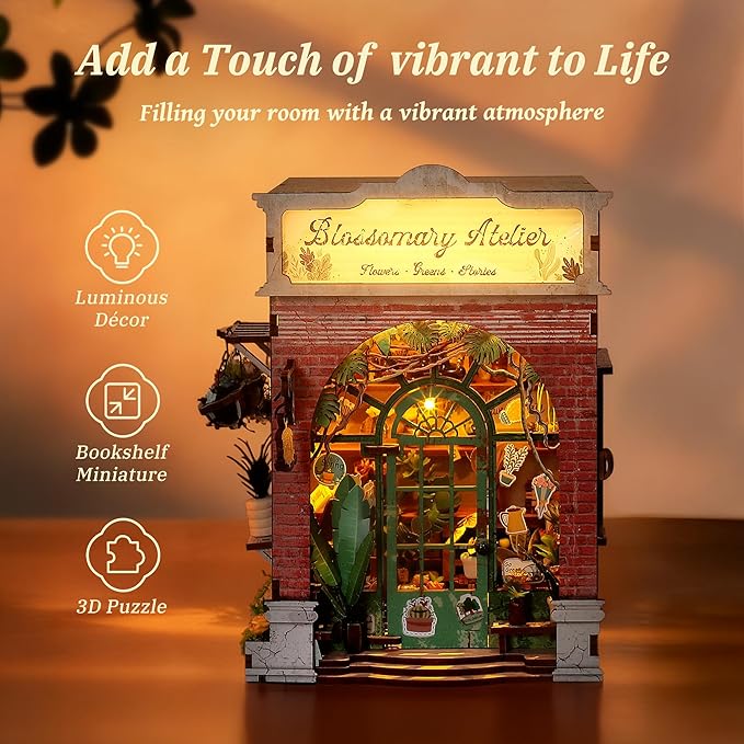 3D Wooden Puzzle Miniature Dollhouse Kit – Flower Workshop Miniature Model with LED Lights – Home Decor DIY Creative Gifts for Adults and Teens (Blossomary Atelier)