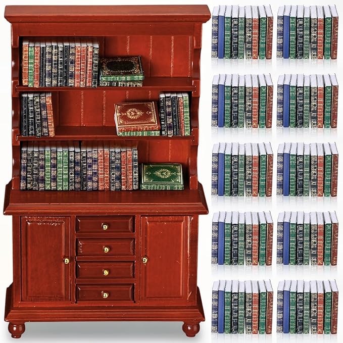 1:12 Scale Dollhouse Miniature Wooden Bookshelf Bookcase with 48 Pcs Miniature Books Mini Tiny Books for Dollhouse Mini Library Decoration Book Lover’s Reading Nook Gift(Red)