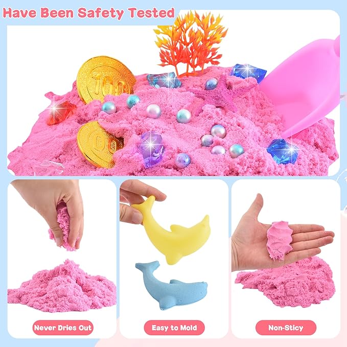 Volmop Sensory Bin for Girl, Play Sand Art Kit with Sandbox, 3.3lb Color Sand, Mermaid Tactile Sensory, Christmas Birthday Gift for Girl Toddler Ages 3-8