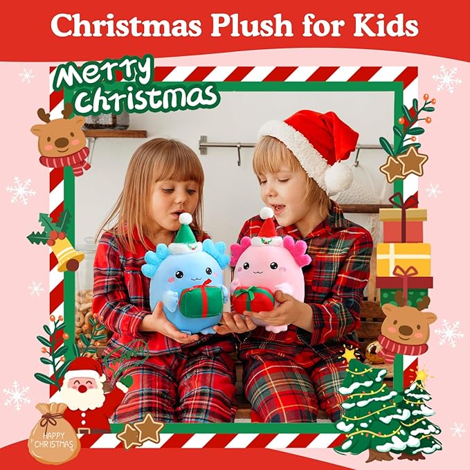 Christmas Axolotl Plush, Cute Axolotl Holding Gift Stuffed Animals Christmas Day Decor Party Favors for Girls and Boys(Pink)