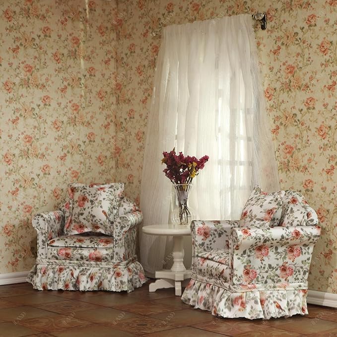 iLAND Dollhouse Furniture of Miniature Couch The Great Doll House Furniture Set for 1/12 Accessories, Elegant Rose and Birds Pleated Single Sofas 2 Pcs Customized Fabric and Amazing Handiwork