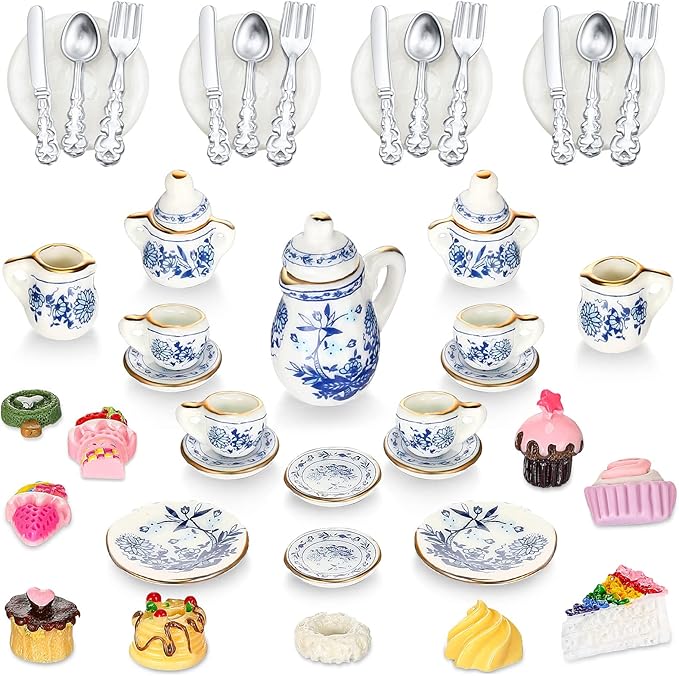 41 Pieces 1:12 Scale Miniatures Dollhouse Kitchen Accessories 15 Porcelain Tea Cup 16 Mini Doll Plate Knife Fork Spoon 10 Miniature Decor Dessert Pastry Cake Table Decor for Cook Party (Retro Style)
