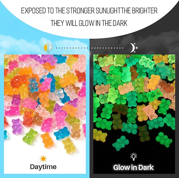 Beadthoven 90pcs Luminous Gummy Bears Beads Flatback Buttons No Hole Glow in The Dark Bear Resin Charms for Jewelry Making DIY Crafts Earrings Ring Hair Clip Accessories Decoden Phone Case Decoration