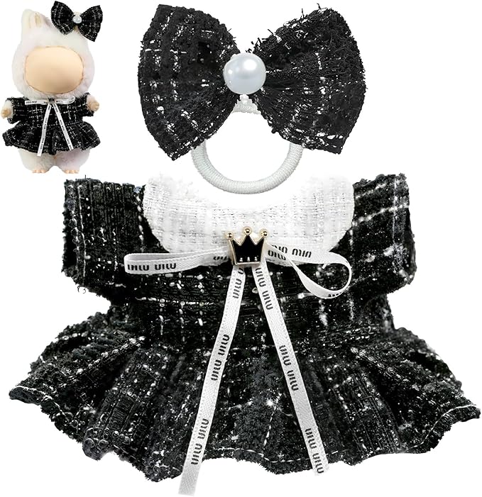 Clothes for LABUBU Doll (NO Doll), Luxury Chic Style 2-Piece Accessories for LABUBU 17cm Dolls, Premium Fashion Outfits for LABUBU - Bow Headdress + Plaid Tweed Dress (Black)
