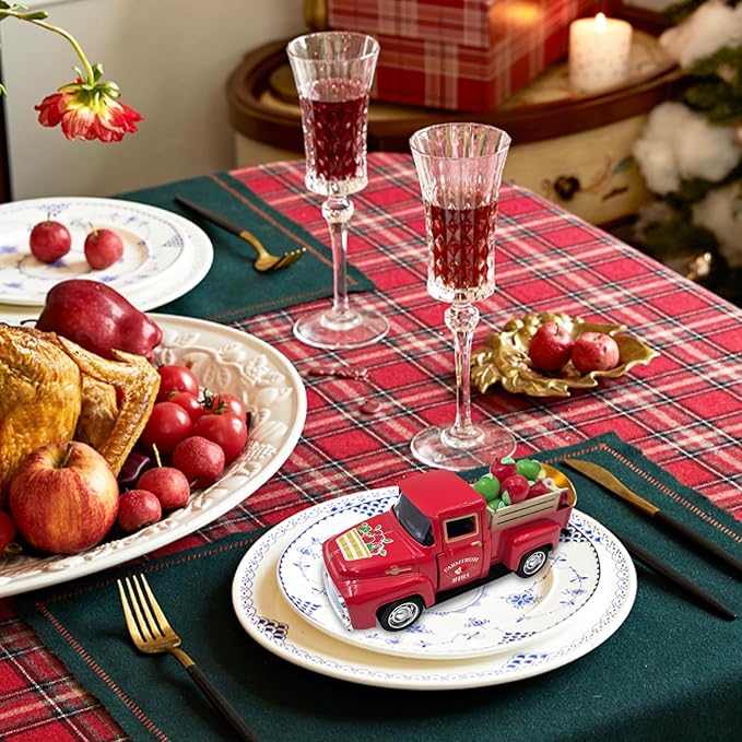 Apple Decor Farmhouse Vintage Red Truck with Fake Apples and Wooden Crate Christmas Table Decorations Mini Apples for Crafts Red Xmas Tiered Tray Decor for Home Kitchen Apple Theme New Year Gifts