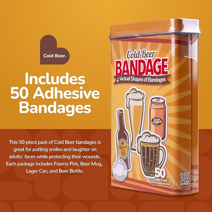 BioSwiss Funny Bandages, Cold Beverage Shaped Adult Novelty Self Adhesive Bandage Set, Latex Free, Sterile Wound Care, 50 Count