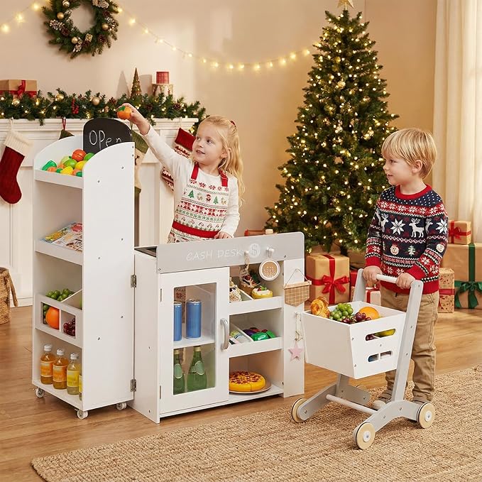 Costzon Kids Grocery Store Playset, Convertible Wooden Play Store w/Shopping Cart, Scanner, Chalkboard & Checkout Belt, Toddler Pretend Supermarket Checkout Stand for Boys & Girls