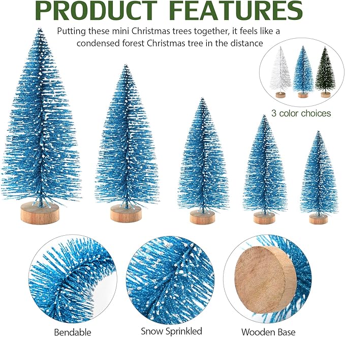 30Pcs Mini Christmas Tree Decor, Artificial Christmas Tree 5 Sizes,Mini Sisal Snow Frost Trees with Wooden Base for Christmas Decor Christmas Party Home Table Craft Decorations (Green/Blue)