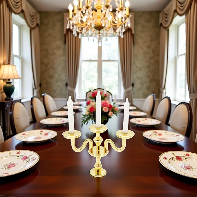 Gold 1/12 Miniature Candlestick Candelabra with Candles Dollhouse Accessories, 3-arms