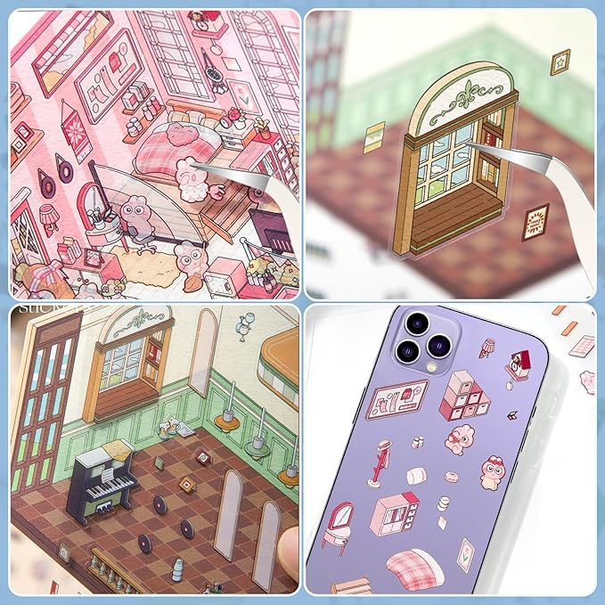 DIY 3D House Stickers, 4 Set Fun DIY Stickers Scene Make Your Own Warm Home, Supermarket, Coffee Shop, Music Bar, Cute 3D Cartoon Scene Stickers for Adult Kids Relief Stress Pass The Time (XM2.0)
