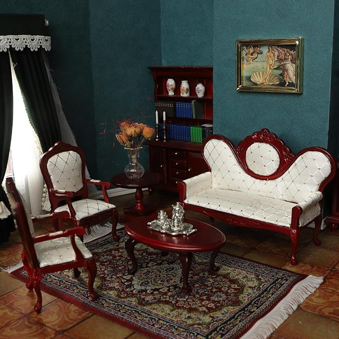 iLAND Victorian Dollhouse Furniture Set, Doll House Furniture and Accessories, Miniature Dollhouse Sofa with 1/12 Scale Accessories 8pcs, Mothers Gift, Wife Gift, Bookshelf Décor