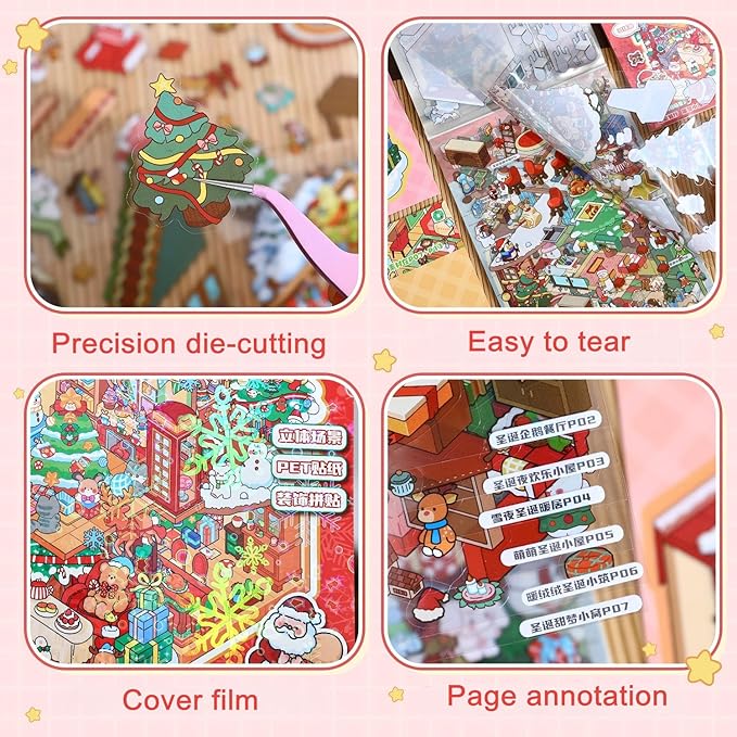 Christmas Sticker Book Collection, 10 Sets 3D Christmas Stickers, DIY 3D Miniature House Stickers Collection Book, Make Gifts for Adults and Kids, Fun Simulated Scene Game for Girls