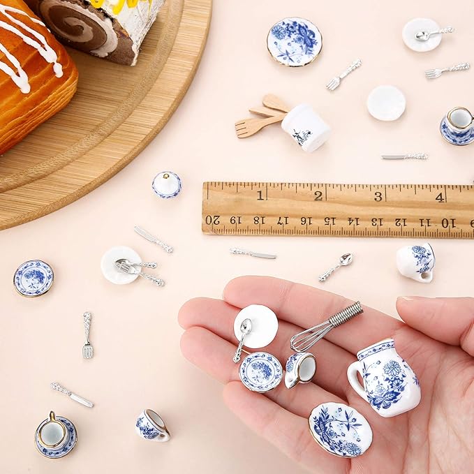 Skylety 37 Pieces 1:12 Scale Miniatures Dollhouse Kitchen Accessories Include 16 Doll Plates Knife Fork Spoon, 6 Egg Beater Utensil, 15 Tea Cup Set for Doll Toy Supplies(Blue Porcelain)