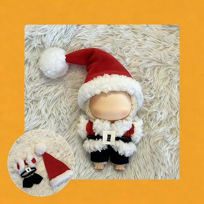 Christmas Doll Clothes for 17cm Dolls - 4 Set Handmade Crochet Holiday Outfit with Santa Hat, Top, Black Belt & Cute Pants Accessories (Santa Claus)