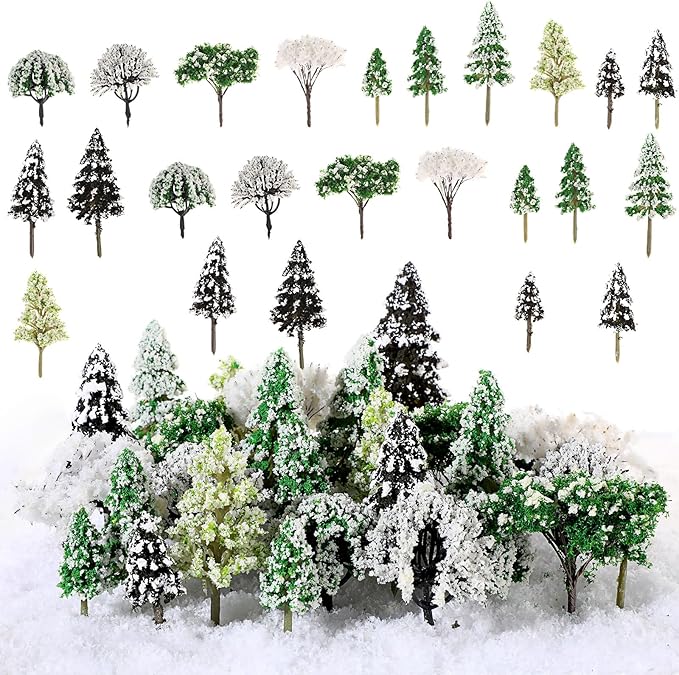 Canlierr 28 Pcs Miniature Model Trees for Diorama Mini Tiny Winter Snowy Tree Figurine for Villages, Craft, Model Train Scenery Accessories (Snow Trees)