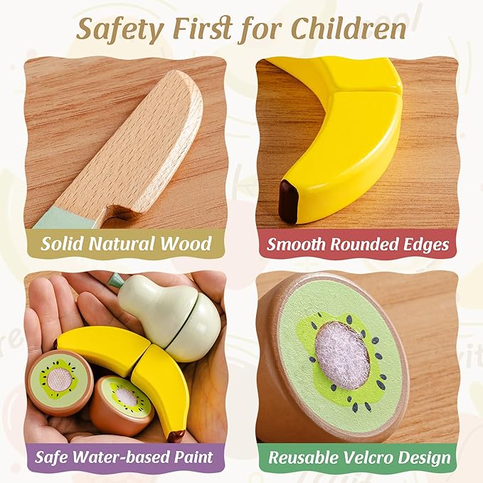 ROBOTIME Wooden Play Food Sets for Kids Kitchen, 14 PCS Toy Food Pretend Play Picnic Basket with Fruits, Desserts, Drinks & Utensils, Play Kitchen Food for Indoor & Outdoor Camping Fun, Ages 3+