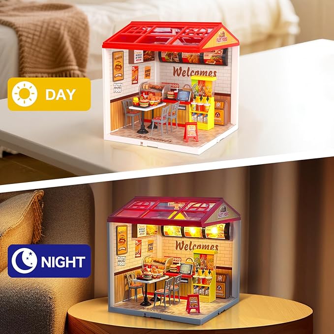 Hallisun LED Building Blocks for Adults, 1:24 DIY Miniature Dollhouse Kits with Roof & Dustproof Cover, Tiny House Toy Building Sets for Kids Ages 8-12-15, Birthday Hobbies Gift for Men Women Boy Girl