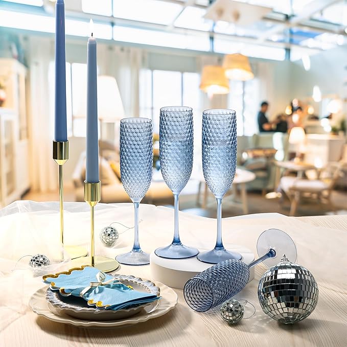 24 Pack Plastic Champagne Flutes Vintage Light Blue Goblet Champagne Glasses Unbreakable Wedding Toasting Glasses Diamond Wine Glasses Crystal Wine Cups Clear Drinking Glasses 5.5 OZ for Bridal Shower