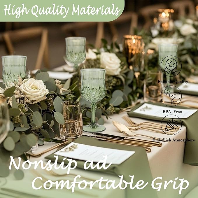 LEYIQU Plastic Wine Glasses, Plastic Goblets Vintage Style Cordial Drinking Glasses for Valentine’s Day, Wedding Reception, Grand Event Party Supplies (12, New Green)