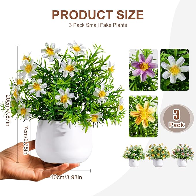 Yarmare 3 Pack Small Fake Plants Artificial Potted Flowers for Indoor Mini Faux Plants with Flowers Greenery for Home Decor Living Room Bathroom Bedroom Office Table Shelf (White+Yellow+Purple)