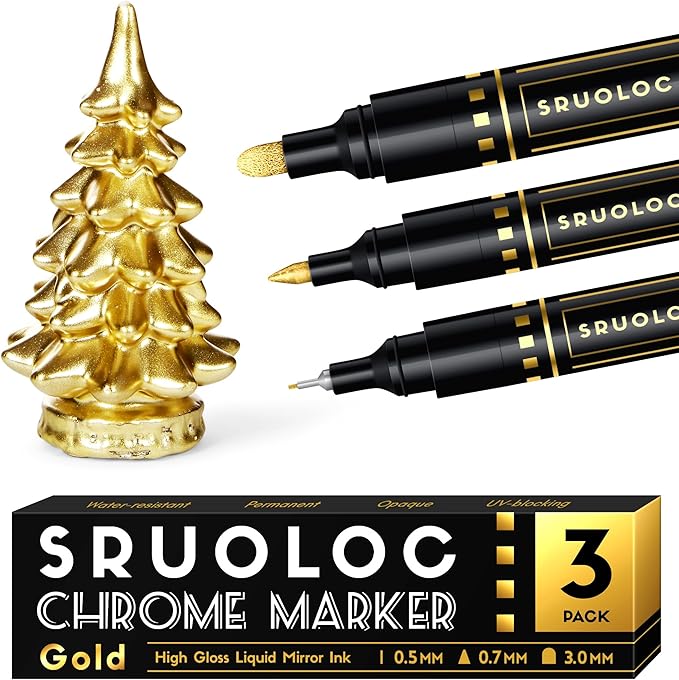 3Pcs Liquid Gold Paint Markers, Oil-based Permanent Chrome Maker, Gloss Mirror Marker Repairing, Reflective Metallic Pen Markers for Touch Up Model Painting DIY Art Projects, Gold