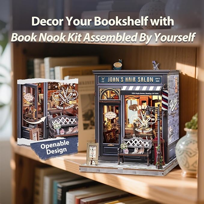 Fsolis Book Nook Kit - DIY Miniature House Kit for Adults Mini House Tiny 3D Puzzles for Bookshelf Diorama Decor Gifts for Women Teenagers Puzzle Lovers (John's Hair Salon)