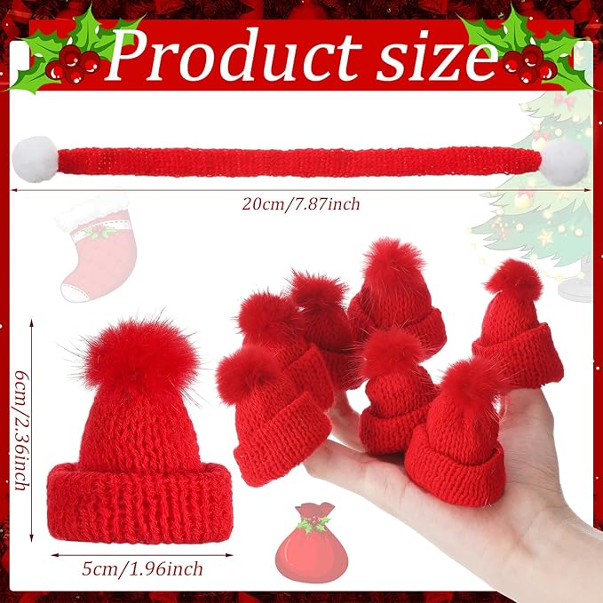 Bencailor 48 Pcs Mini Christmas Knitting Hats and Mini Christmas Scarf Set Knitting Doll Hat Scarf Santa Knit Hat Tree Ornaments for DIY Craft Art Doll Decoration (Bright Red)