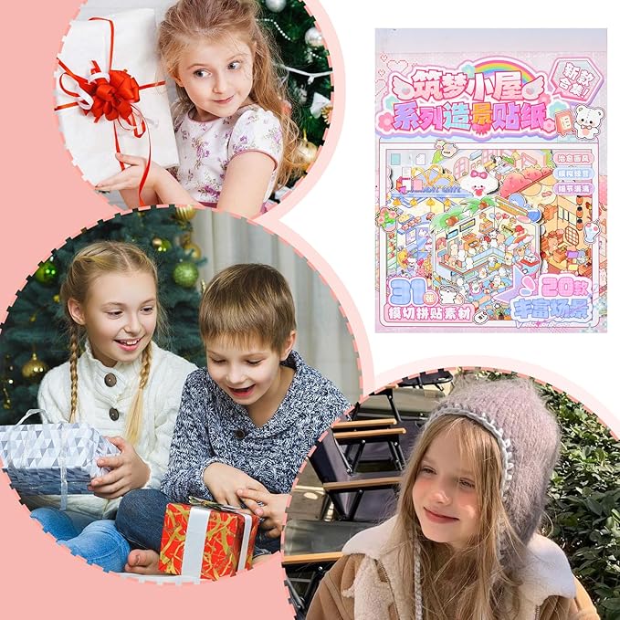 DIY 3D Fun Mini Animal House Scene Stickers Book with Tweezers Make Your Own Shop Amusement Park Sticker Scenes Cute Micro Stickers for Relief Stress Pass The Time(20 Designs)