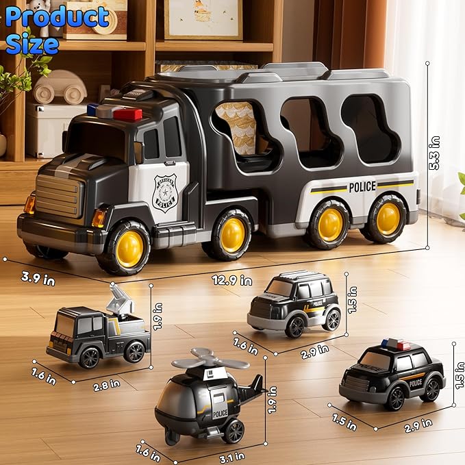 5 in 1 Police Car Carrier Truck Toy for Kids Ages 4-8, Police Truck with Light and Sound, Transporting Vehicle Boy Trucks Toy Sets, Kids Toys 3-5, Birthday Gifts for Boys Girls Aged 4-6 5-7