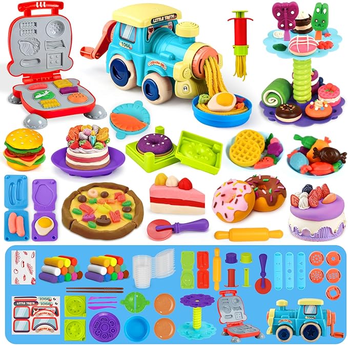 85 PCS 3 in 1 Dough Sets for Kids Ages 3-4-8, Art Crafts Dough Tools Kit, Train Engine Noodle Playset, Hamburger Machine, Dessert Rack, Kitchen Creations Food Play Toys Boys Girls