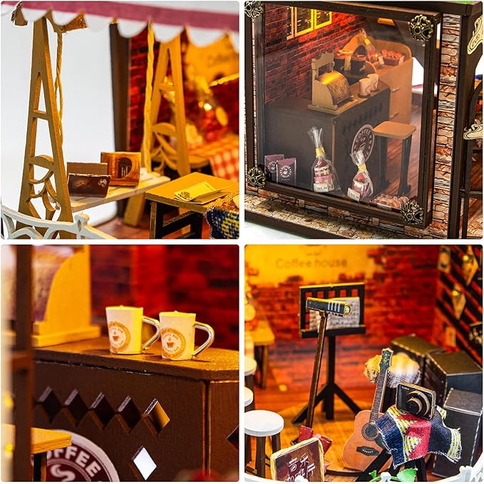 DIY Miniature House Kit, Dollhouse Kit with LED Light, Mini House Building Kits for for Adult to Building, Christmas Home Decorations Gifts for Family and Friends, Coffee Bar